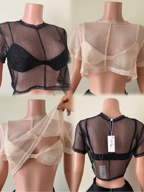 Tops - Sheer Mesh Crop Top - Black & Cream